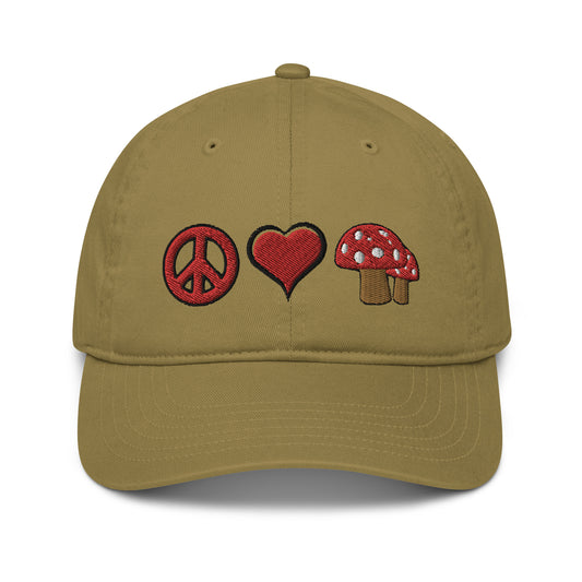 Peace Love Mushrooms organic dad hat