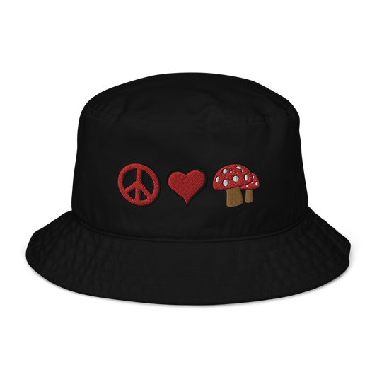 Peace Love Mushrooms organic bucket hat