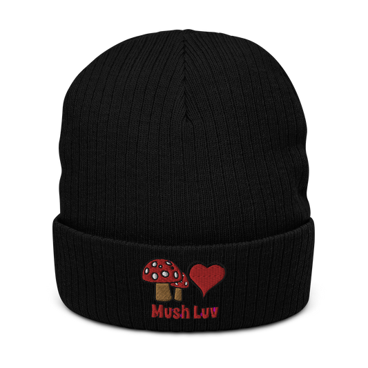 MushLuv ribbed knit beanie with text