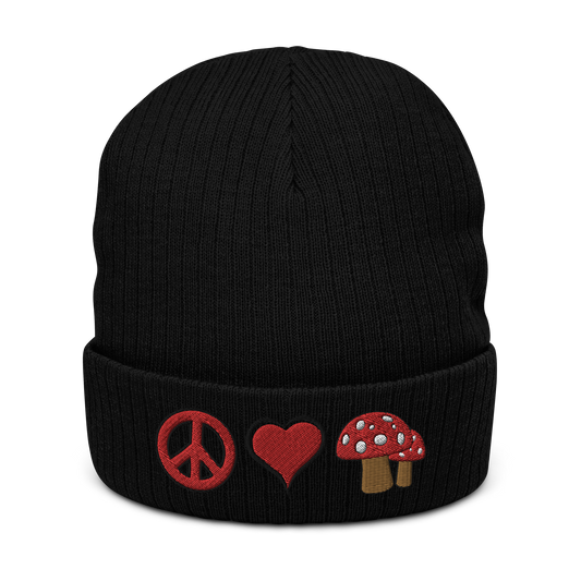 Peace Love Mushrooms ribbed knit beanie