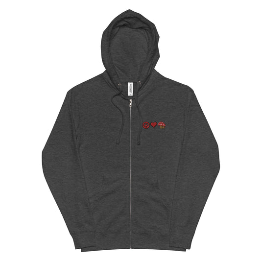 Peace Love Mushrooms embroidered fleece zip hoodie